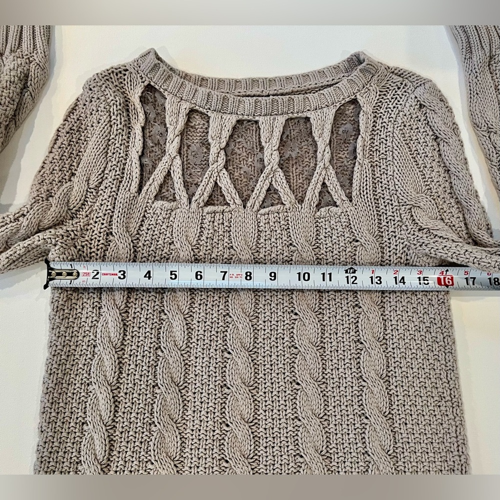 LC Lauren Conrad Lace Cotton Women's Taupe Cable Knit Sweater - Picture 10 of 14